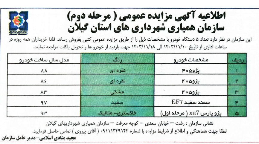 آگهی مزایده 5 دستگاه خودرو از 10 الی 18 بهمن 1403